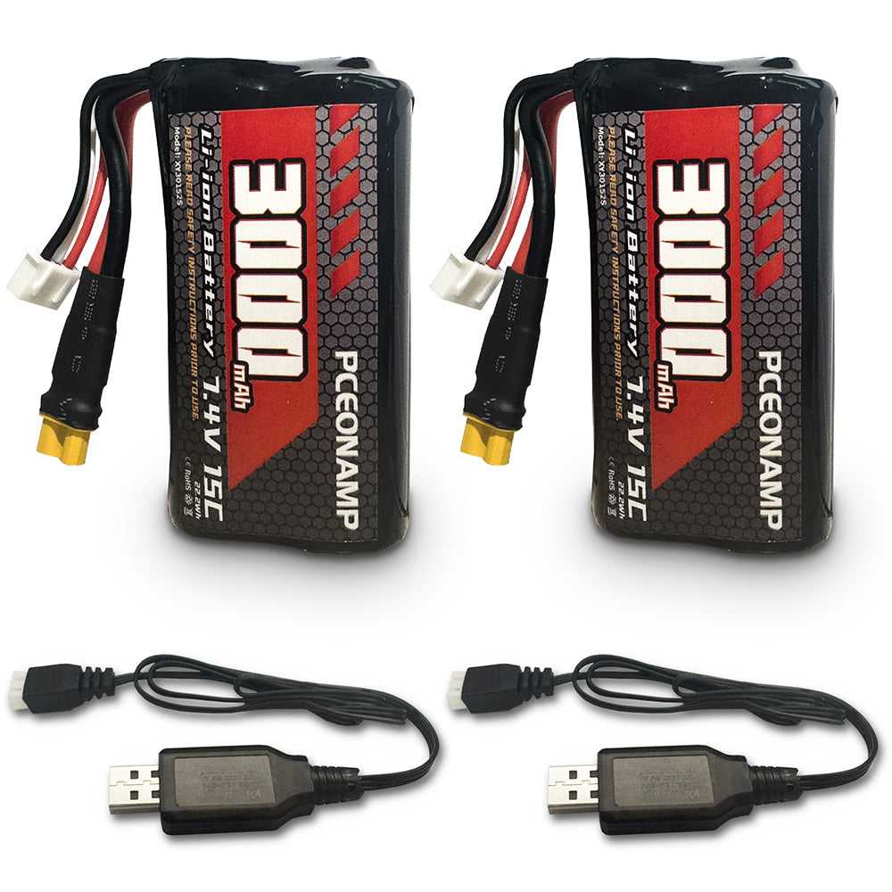 PCEONAMP 7.4V 3000mAh 2S Li-ion battery XT30, 2-pack, USB charge cables, product photo