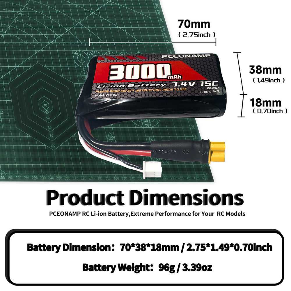 7.4V 3000mAh 2S Li-ion battery XT30 product dimensions, 70x38x18mm, 96g