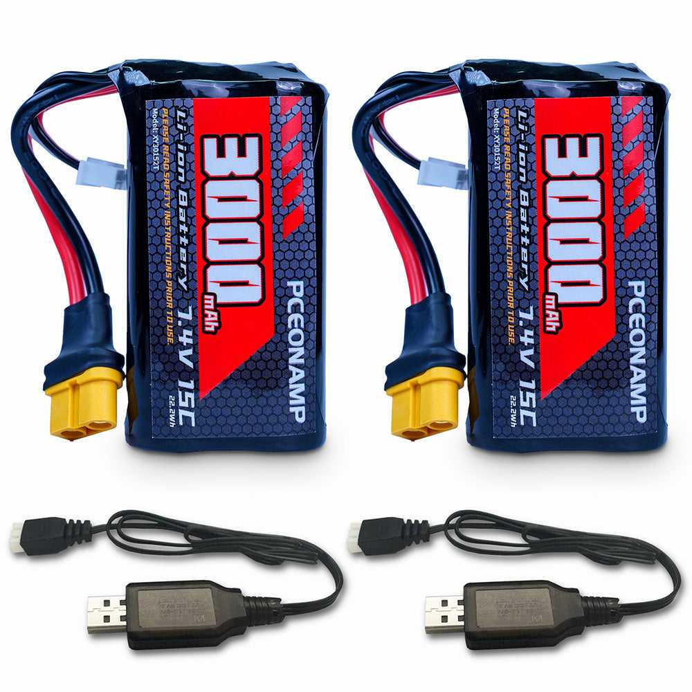 PCEONAMP 7.4V 3000mAh 2S Li-ion battery XT60 plug 2-pack with 2 USB charging cables product photo