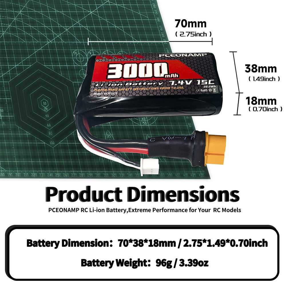 PCEONAMP 7.4V 3000mAh 2S Li-ion battery dimensions 70x38x18mm 96g XT60 plug size chart