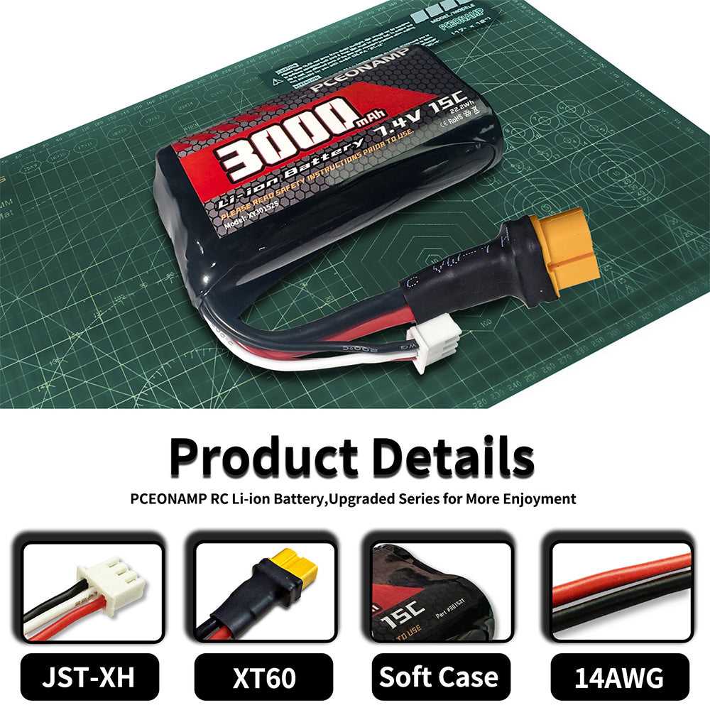 PCEONAMP 7.4V 3000mAh 2S Li-ion battery product details JST-XH XT60 soft case 14AWG wiring close-up