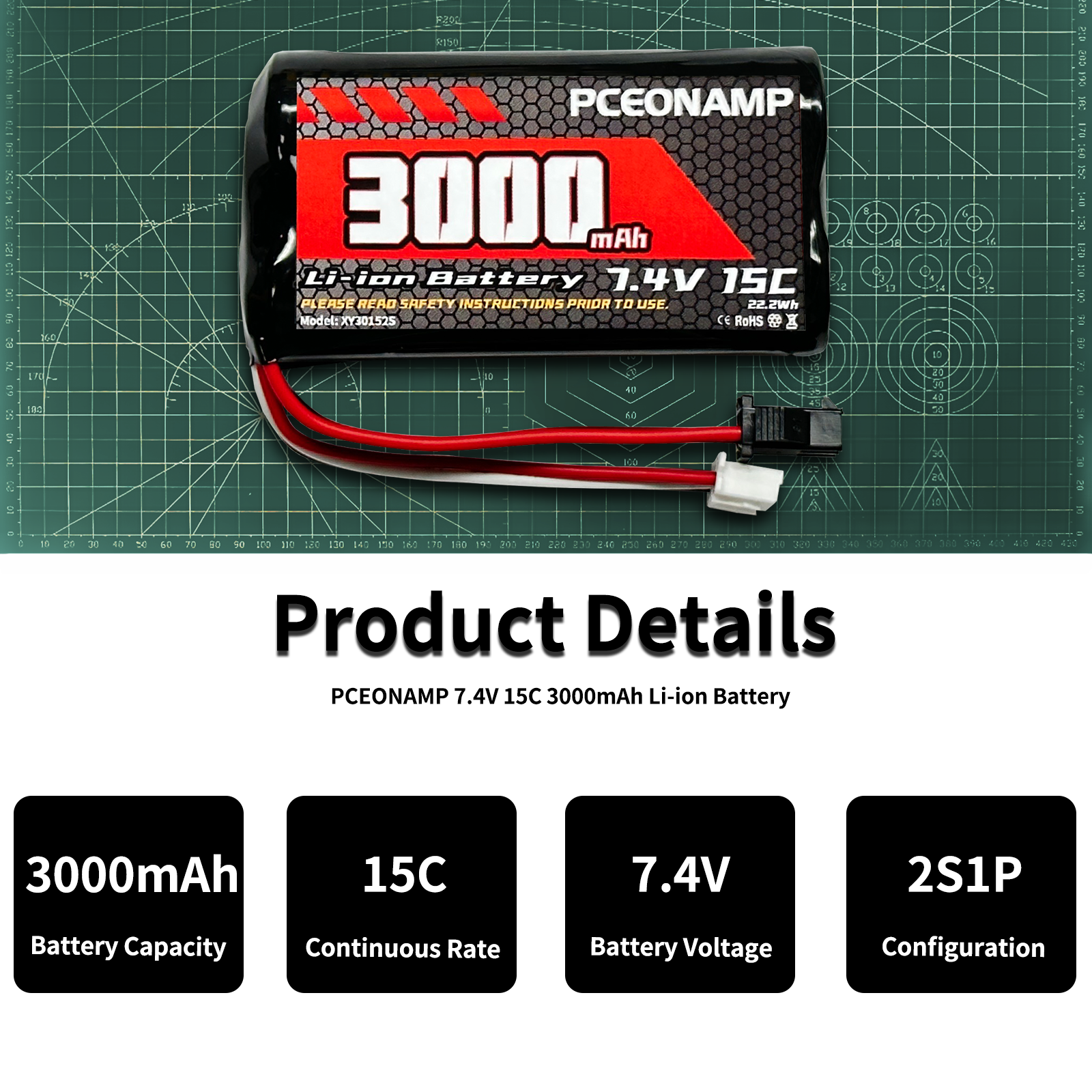 PCEONAMP 7.4V Li-ion Battery 3000mAh 2S Battery with SM-2P Plug Rechargeable High Capacity RC Battery Fit for WPL C24 MN D90 RC Cars, H101 RC Boat RC Truck Batteries with 2 USB Charger