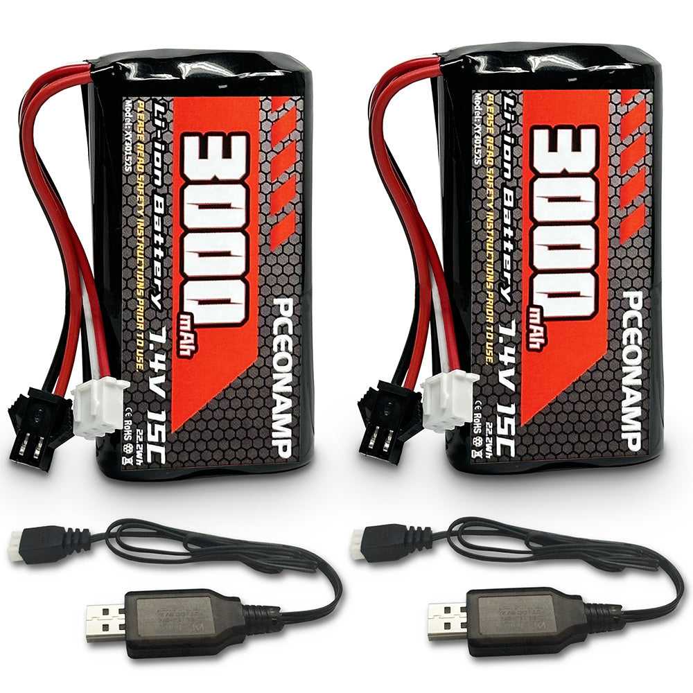 PCEONAMP 7.4V 3000mAh 2S Li-ion battery SM-2P, 2-pack, USB charge cables, product photo
