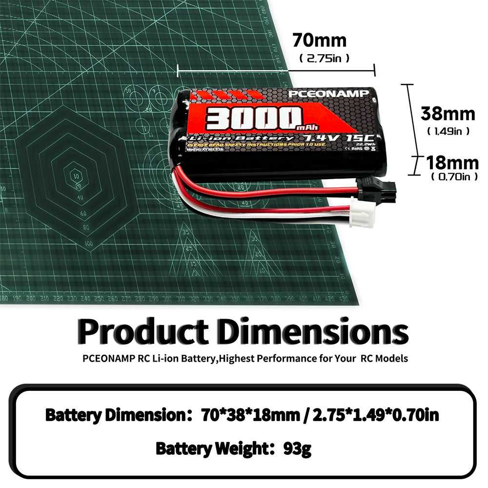 7.4V 3000mAh 2S Li-ion battery SM-2P product dimensions, 70x38x18mm, 93g
