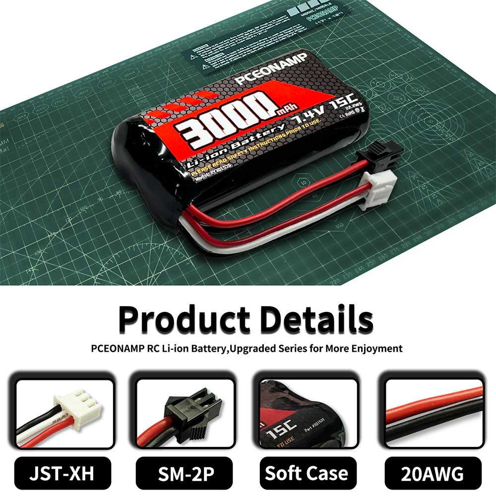 PCEONAMP 3000mAh 2S Li-ion battery SM-2P details, SM-2P plug, 7.4V, USB charge, 3000mAh
