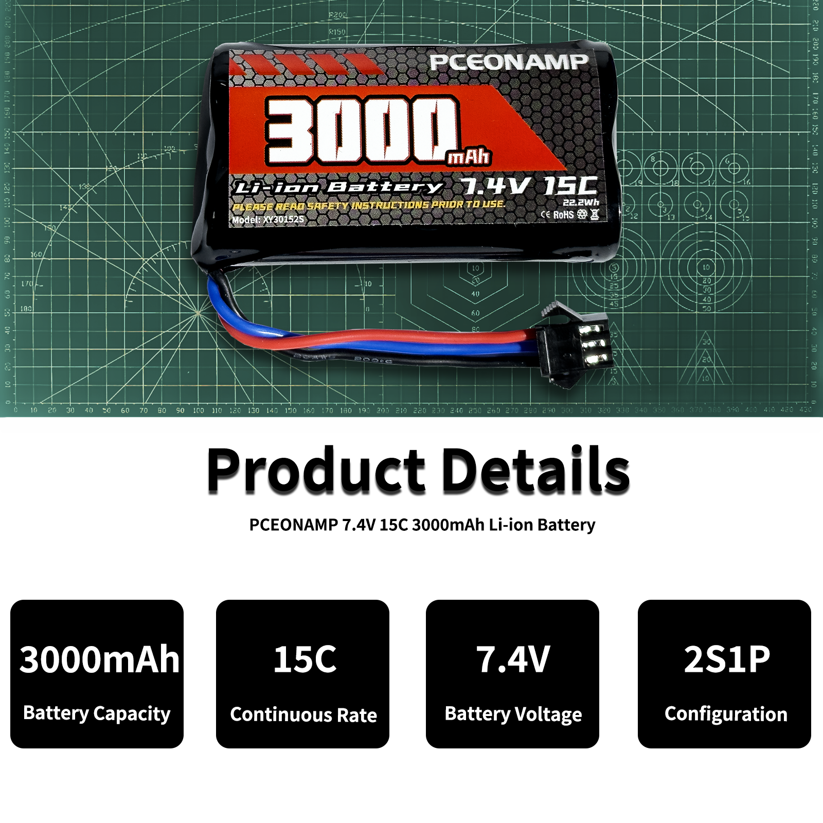 PCEONAMP 7.4v RC Battery 3000mAh 2S Li-ion with SM-3P Plug Rechargeable High Capaity Fit for RC Tank RC Truck 4WD RC Rock Crawler RC Car Batteries with 2 USB Charger