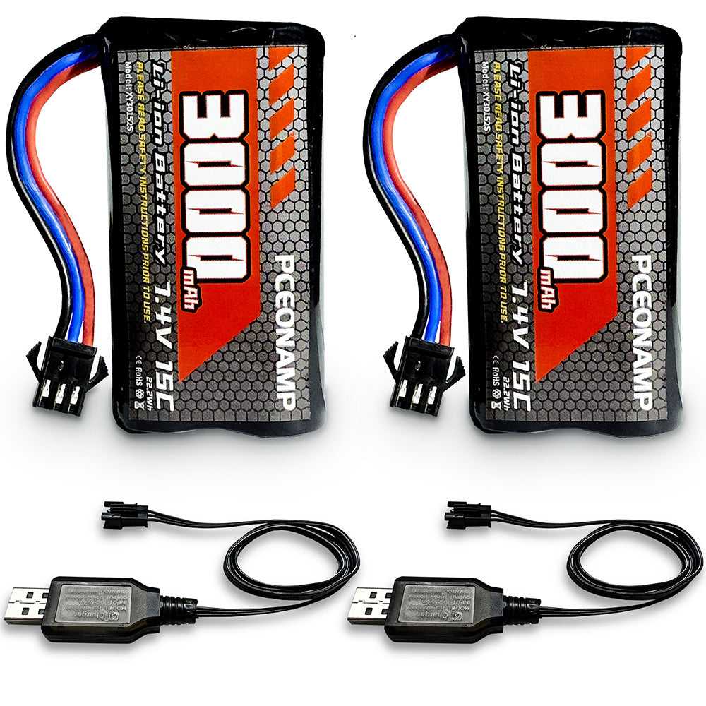 PCEONAMP 7.4V 3000mAh 2S Li-ion battery SM-3P, 2-pack, USB charge cables, product photo
