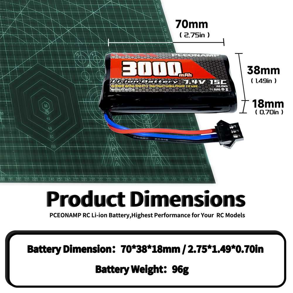 7.4V 3000mAh 2S Li-ion battery SM-3P product dimensions, 70x38x18mm, 96g
