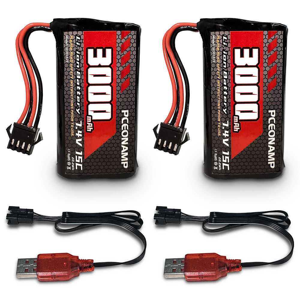 PCEONAMP 7.4V 3000mAh 2S Li-ion battery SM-4P, 2-pack, USB charge cables, product photo