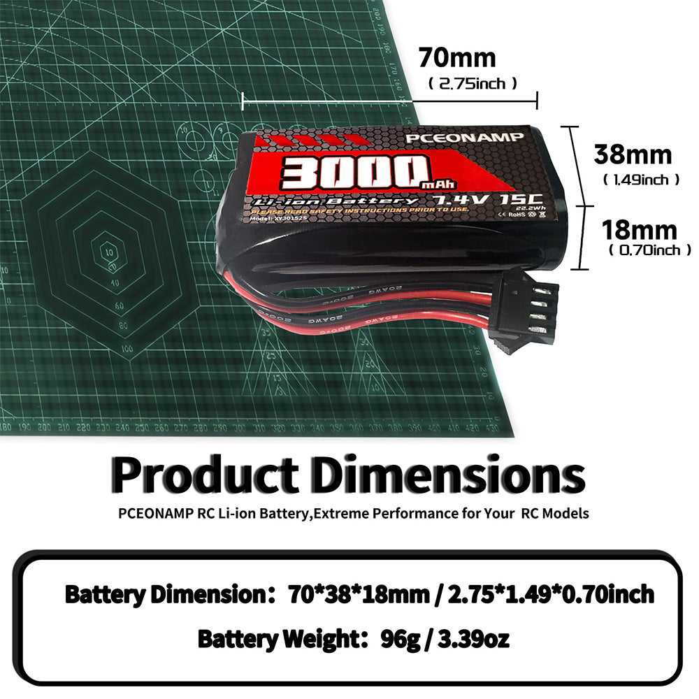 7.4V 3000mAh 2S Li-ion battery SM-4P product dimensions, 70x38x18mm, 96g