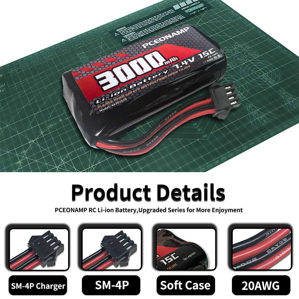 PCEONAMP 3000mAh 2S Li-ion battery SM-4P details, SM-4P plug, soft case, 24AWG