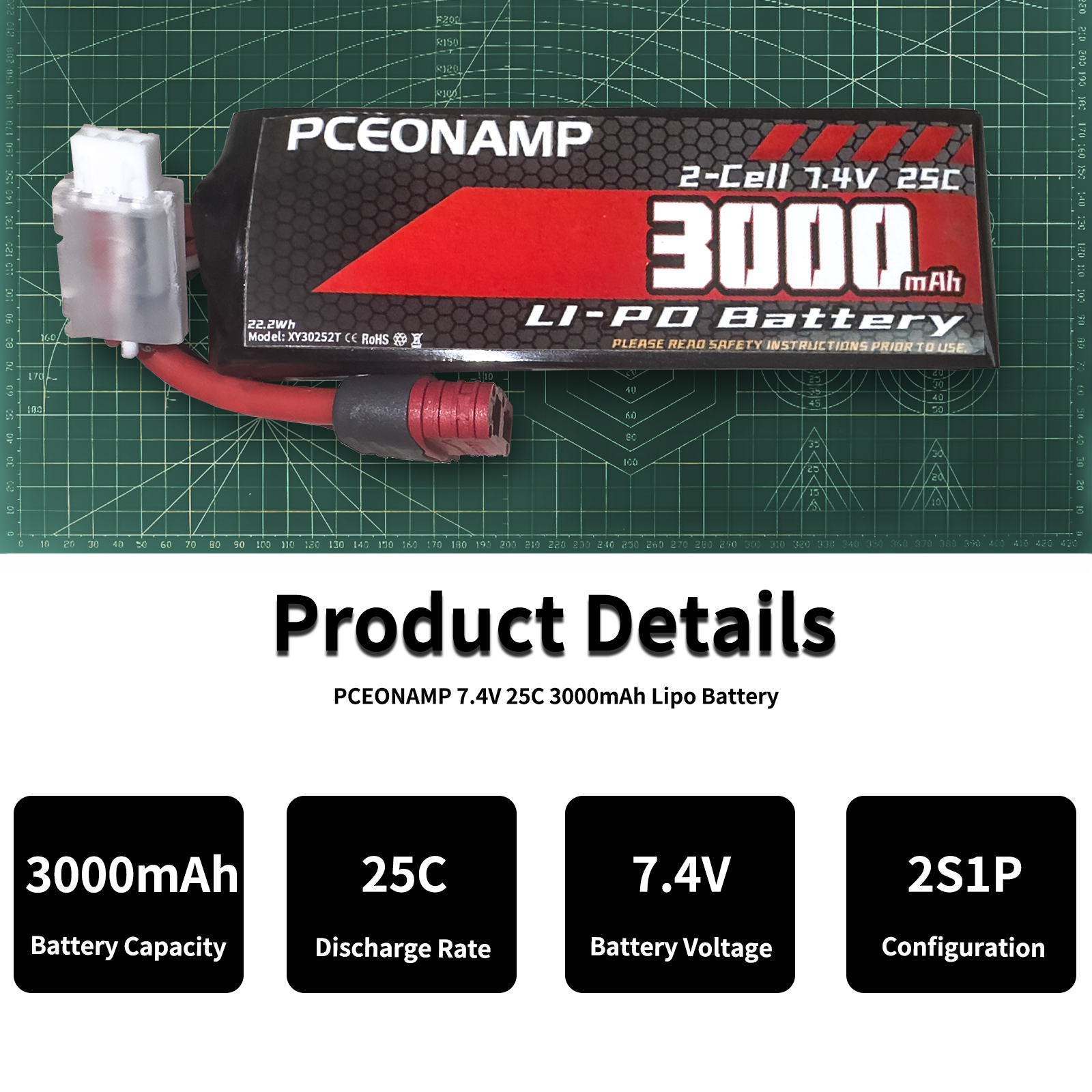 PCEONAMP 2S Lipo Battery 3000mAh 25C with Deans T Plug Rechargeable High Capacity RC 7.4V Battery Fit for RC Cars 1/10, 1/12, Scale RC Cars Trucks with 2 USB Chargers（2packs）