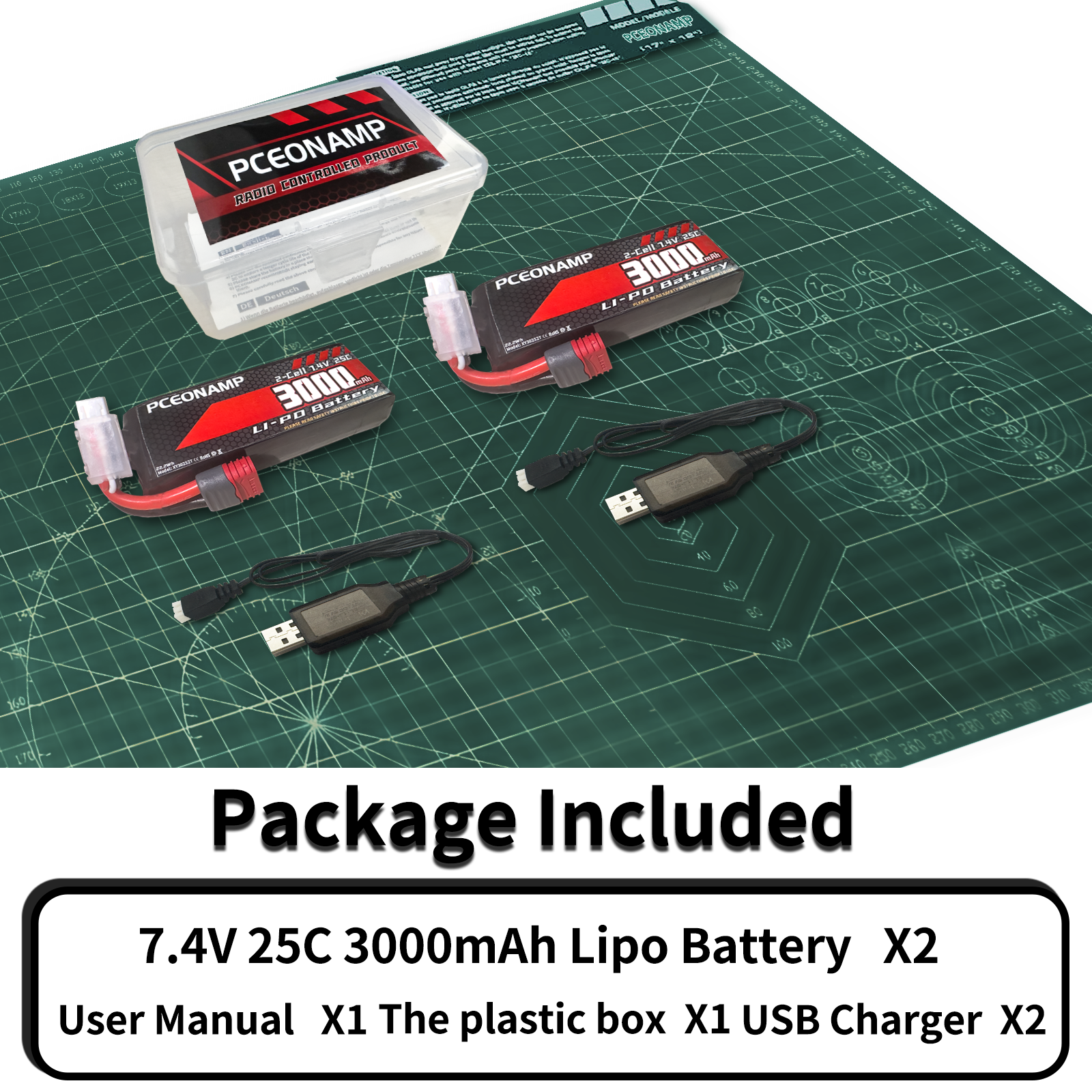 PCEONAMP 2S Lipo Battery 3000mAh 25C with Deans T Plug Rechargeable High Capacity RC 7.4V Battery Fit for RC Cars 1/10, 1/12, Scale RC Cars Trucks with 2 USB Chargers（2packs）