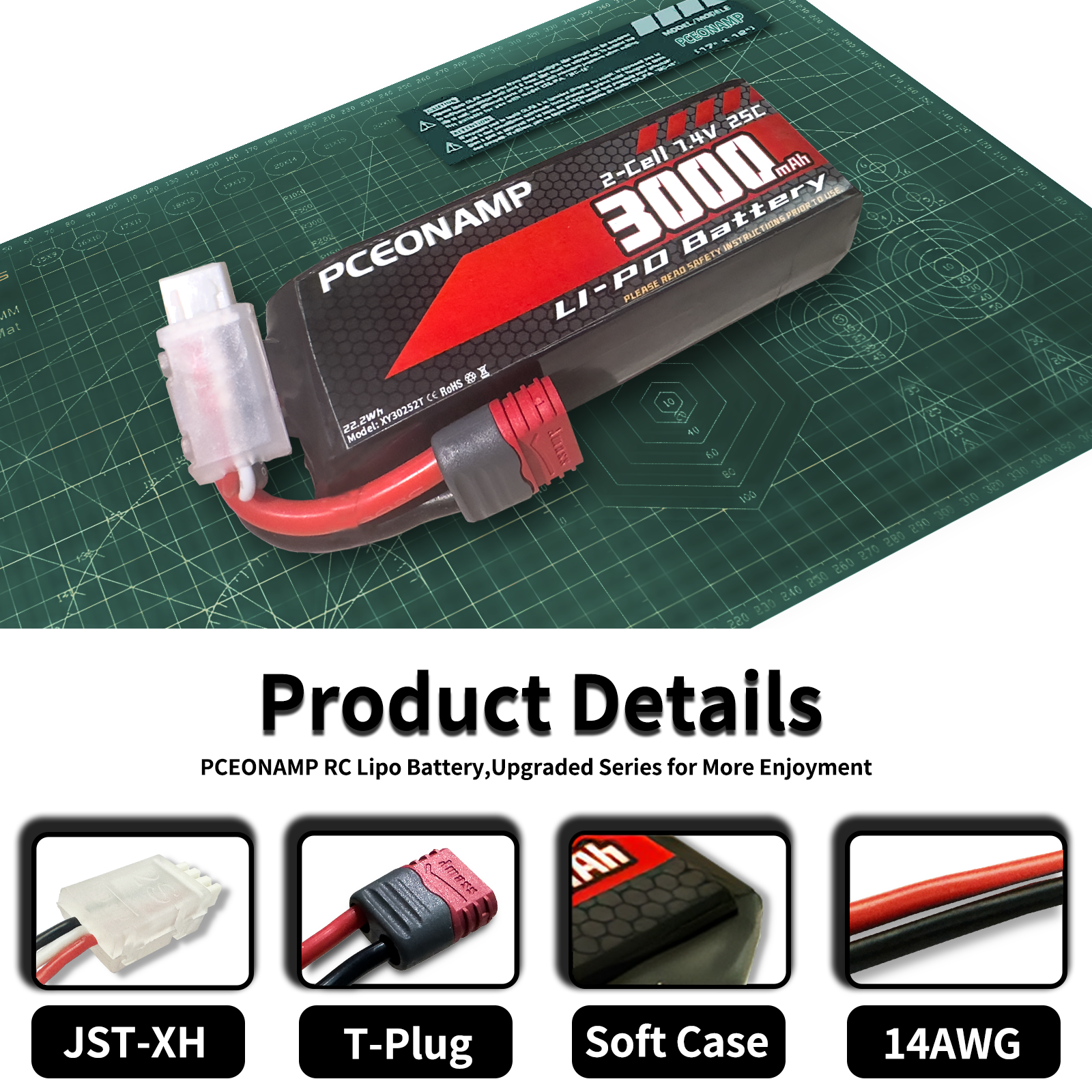 PCEONAMP 2S Lipo Battery 3000mAh 25C with Deans T Plug Rechargeable High Capacity RC 7.4V Battery Fit for RC Cars 1/10, 1/12, Scale RC Cars Trucks with 2 USB Chargers（2packs）