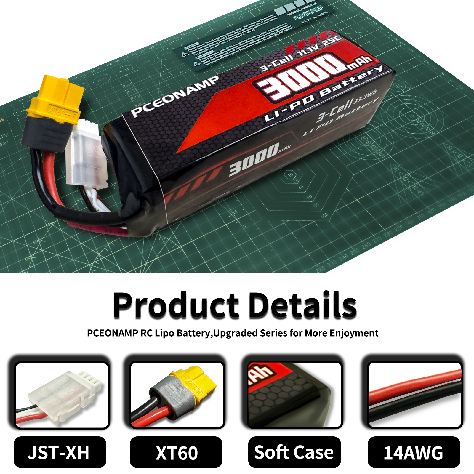 PCEONAMP 3S Lipo Battery 3000mAh 25C with Deans XT60 Plug Rechargeable High Capacity RC 11.1V Battery Fit for RC Boat (2packs)