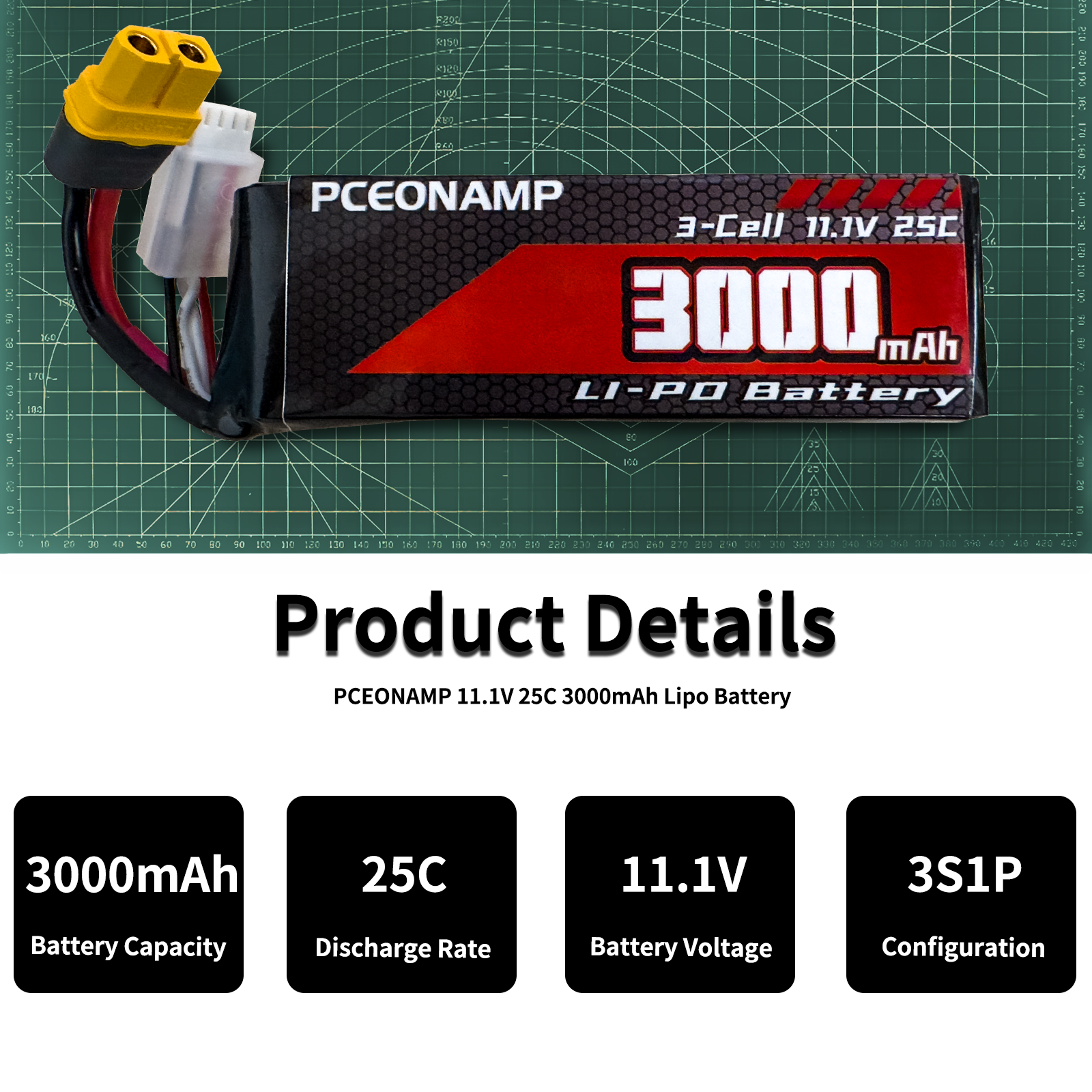 PCEONAMP 3S Lipo Battery 3000mAh 25C with Deans XT60 Plug Rechargeable High Capacity RC 11.1V Battery Fit for RC Boat (2packs)