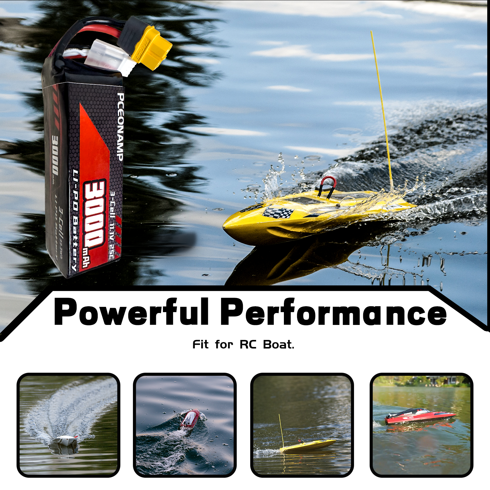 PCEONAMP 3S Lipo Battery 3000mAh 25C with Deans XT60 Plug Rechargeable High Capacity RC 11.1V Battery Fit for RC Boat (2packs)