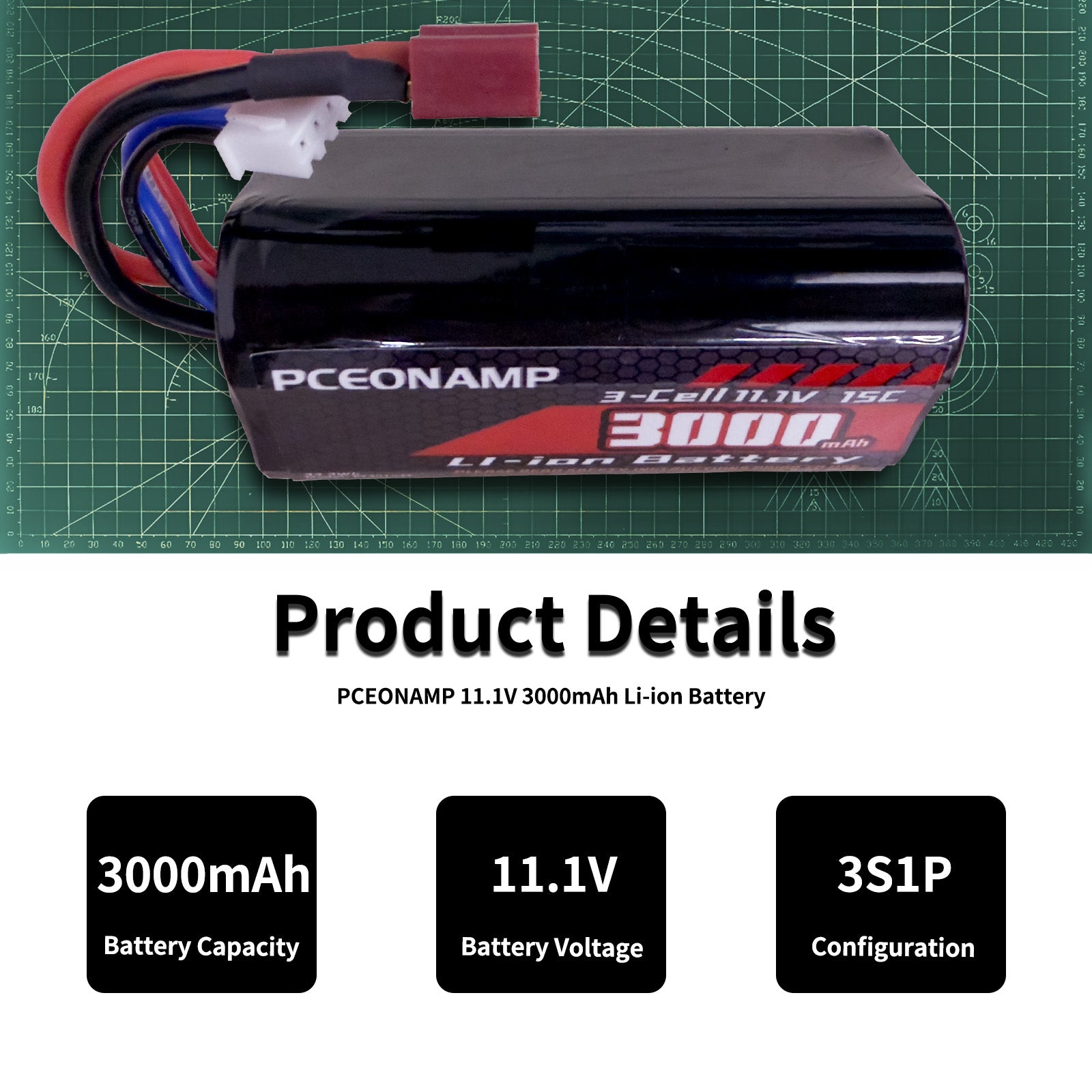 PCEONAMP 11.1V Li-ion Battery 3000mAh 3S for R608 2104 210E 200E Brushless RC Boat with Deans T Plug Rechargeable High Capacity 15C RC 11.1V RC Boat Battery （2packs）
