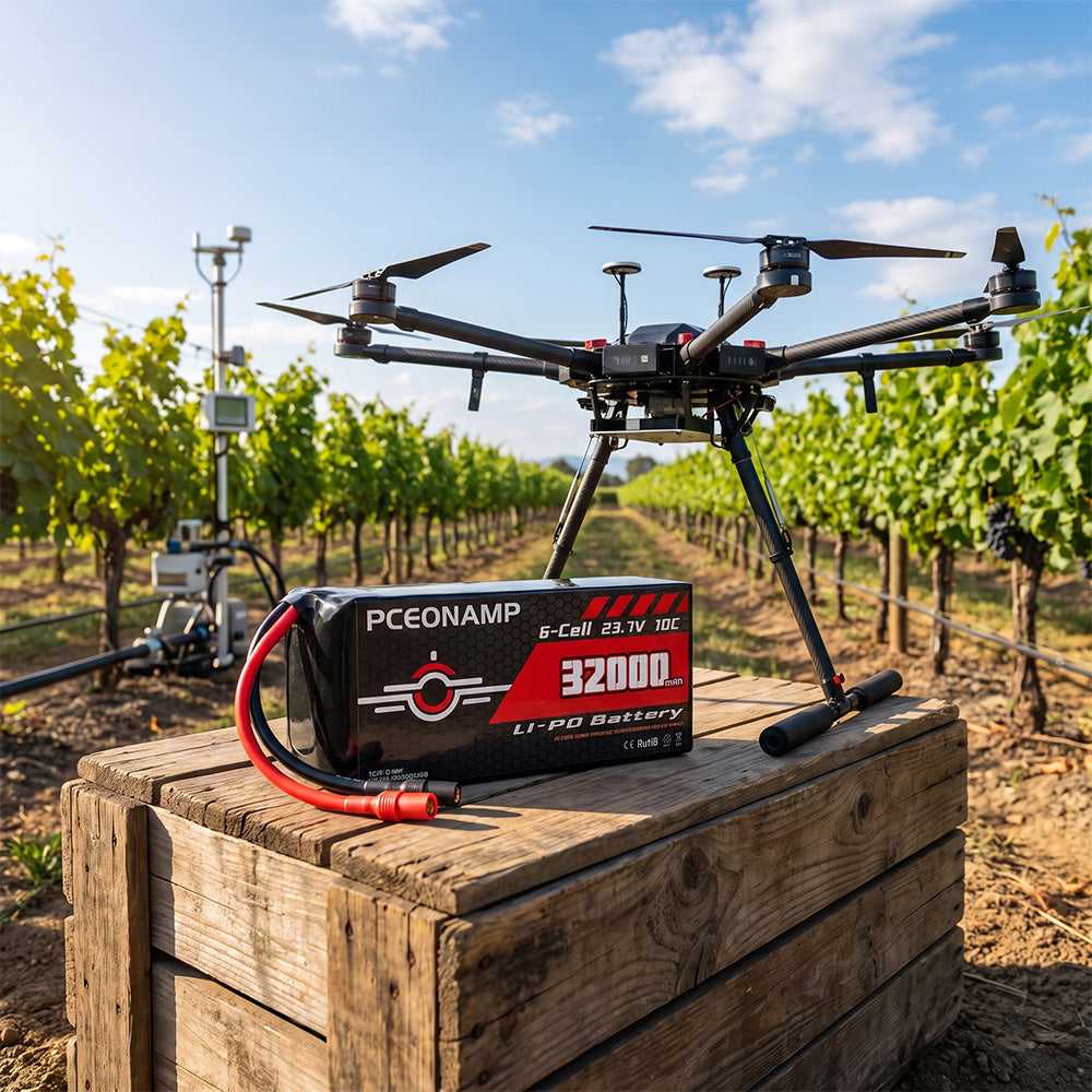 Industrial drone with 32000mAh 6S HV LiPo battery in outdoor field
