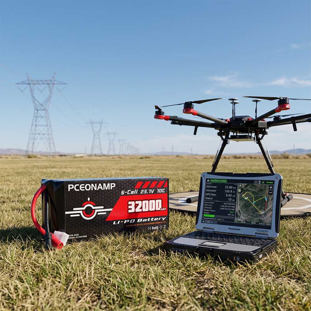 PCEONAMP 6S HV LiPo battery powering industrial drone on outdoor field operation