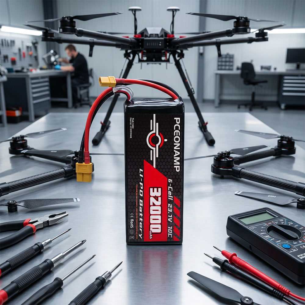 PCEONAMP 6S HV LiPo battery installed on industrial drone in flight