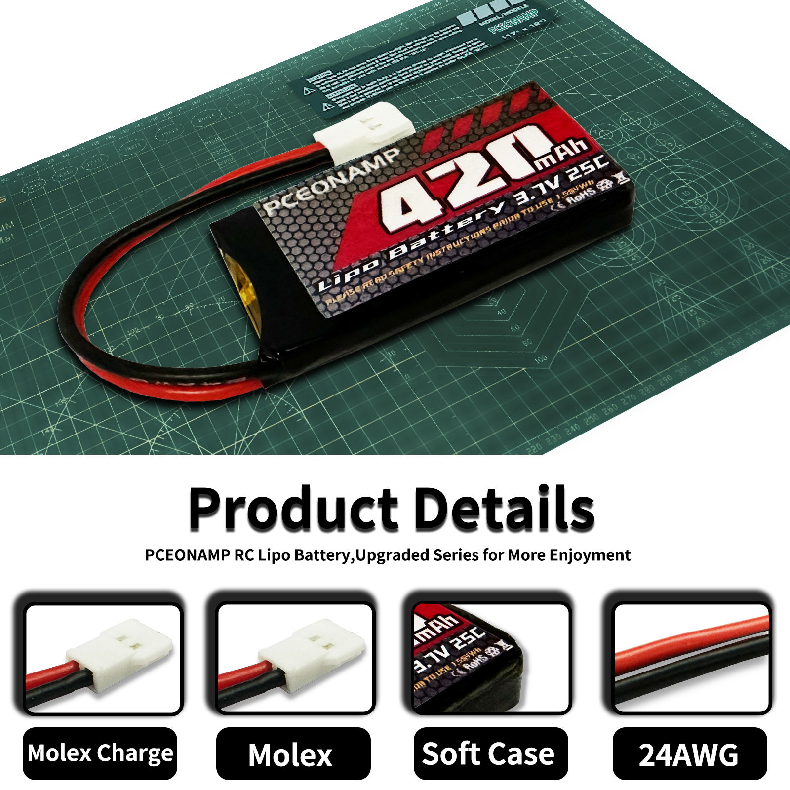 PCEONAMP 3.7V Battery 420mAh 25C with Molex Plug 5 Pieces Lipo Battery Fit for SYMA Q11 H99W H6C H31 H98 TR-C385 TR-F22 TR-P51 Quadcopter Parts Aircraft Model Drone Battery AT-96 with 5in1 Charger