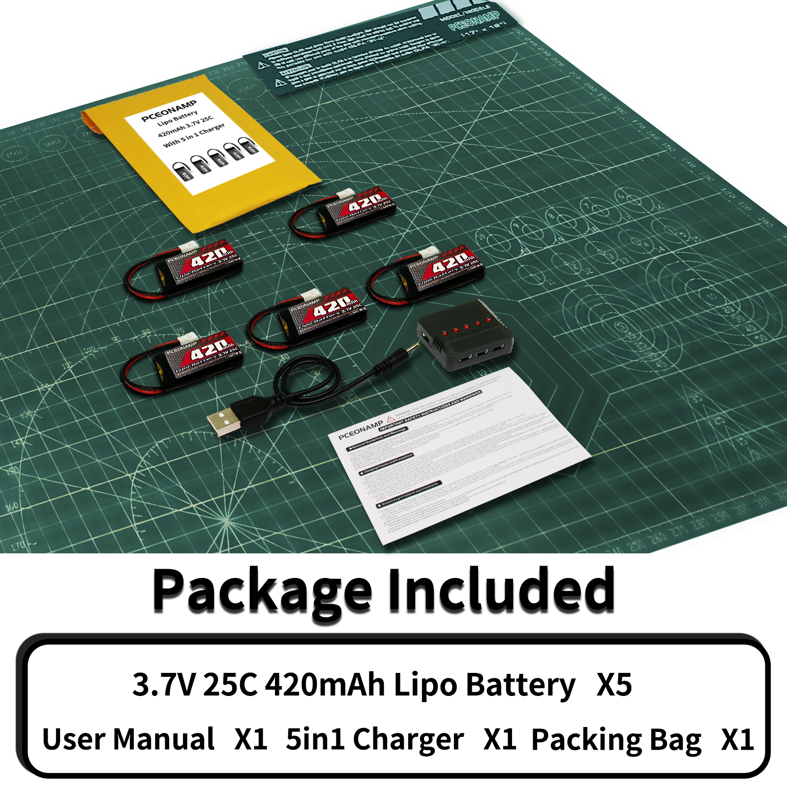 PCEONAMP 3.7V Battery 420mAh 25C with Molex Plug 5 Pieces Lipo Battery Fit for SYMA Q11 H99W H6C H31 H98 TR-C385 TR-F22 TR-P51 Quadcopter Parts Aircraft Model Drone Battery AT-96 with 5in1 Charger