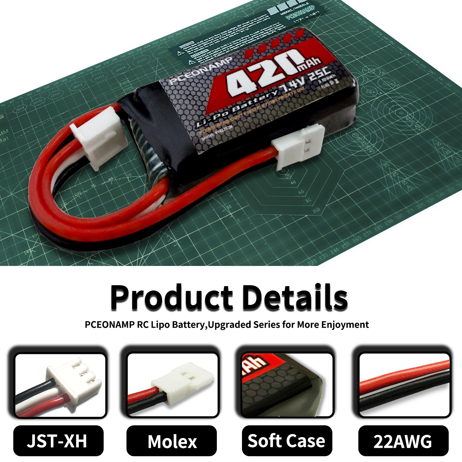 2S Lipo Battery 420mAh 7.4V for FCX24 25C with Molex Plug Rechargeable High Capacity RC 7.4V Lipo Battery Fit for 1/24 Scale RC Cars Trucks with 1 USB Charger （3packs）