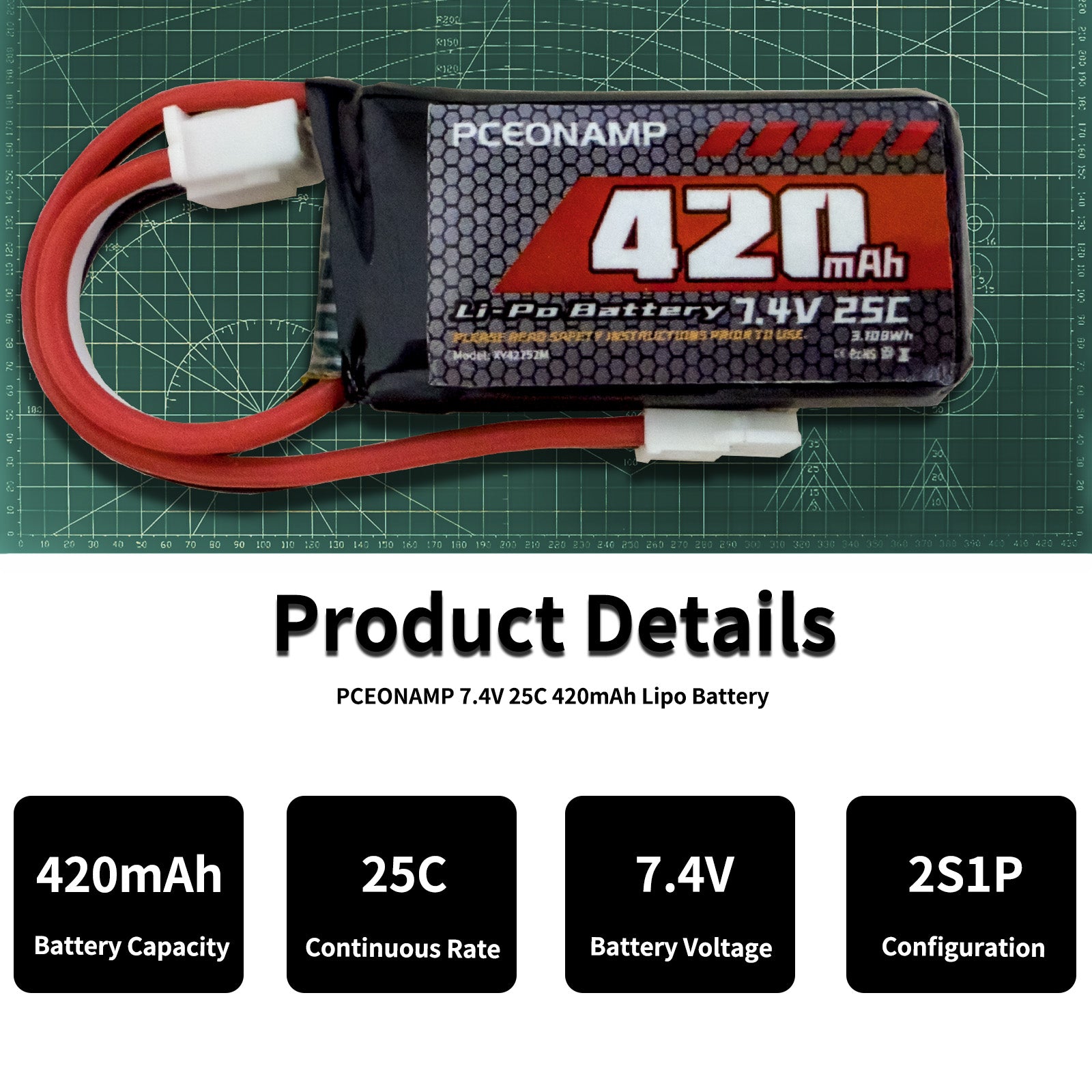2S Lipo Battery 420mAh 7.4V for FCX24 25C with Molex Plug Rechargeable High Capacity RC 7.4V Lipo Battery Fit for 1/24 Scale RC Cars Trucks with 1 USB Charger （3packs）