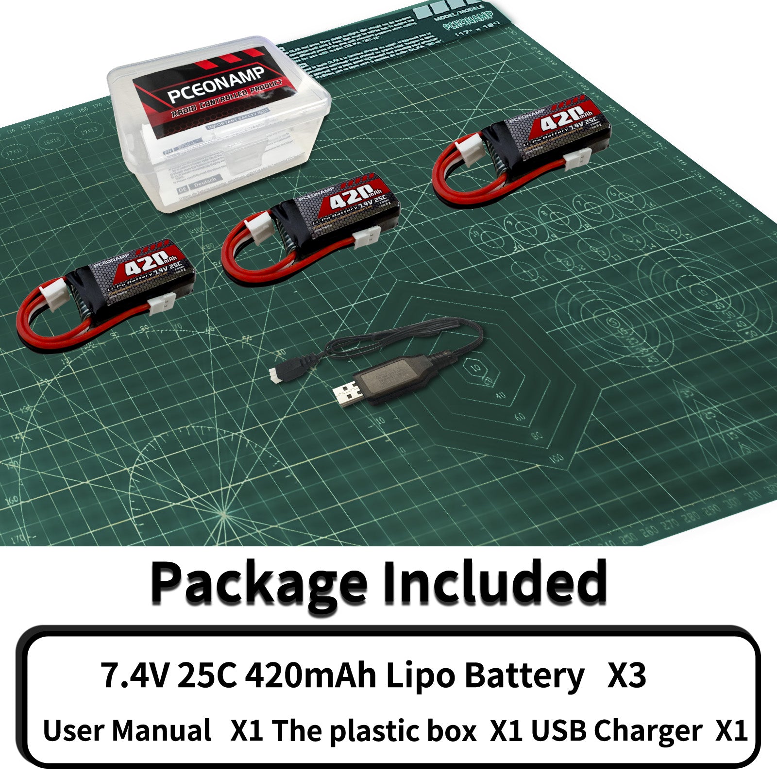 2S Lipo Battery 420mAh 7.4V for FCX24 25C with Molex Plug Rechargeable High Capacity RC 7.4V Lipo Battery Fit for 1/24 Scale RC Cars Trucks with 1 USB Charger （3packs）