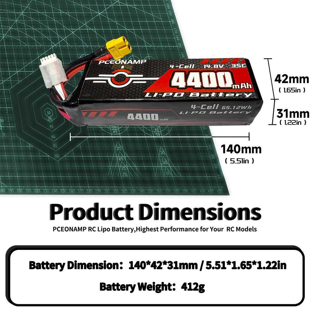 14.8V 4400mAh 4S LiPo battery 35C product dimensions, 140x42x31mm, 412g