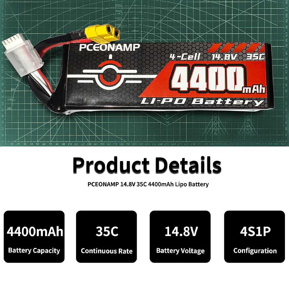 14.8V 4400mAh 4S LiPo battery 35C specs, 4S1P configuration, 154A continuous