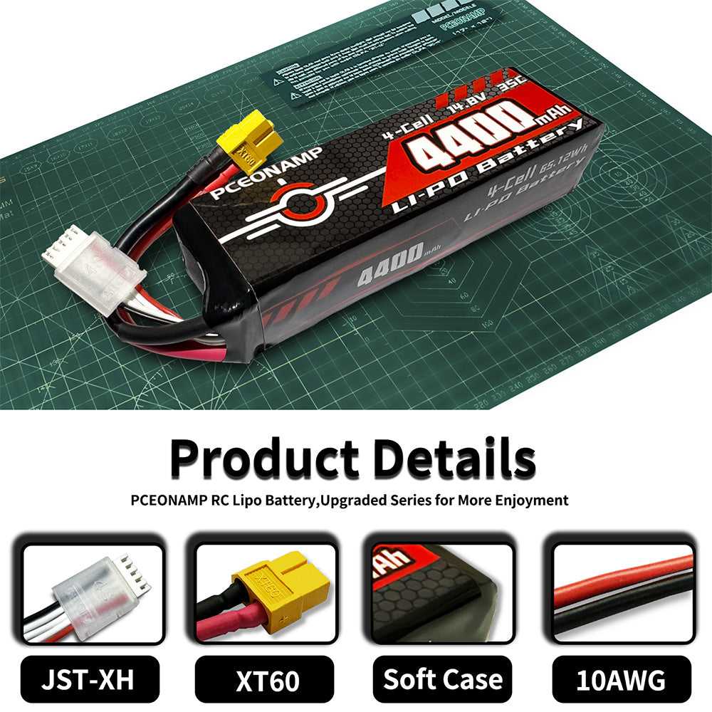 PCEONAMP 4400mAh 4S LiPo battery 35C details, JST-XH, XT60, soft case, 14AWG
