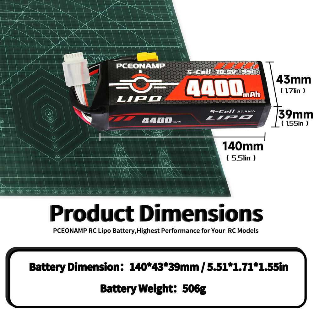 18.5V 4400mAh 5S LiPo battery 35C product dimensions, 140x43x39mm, 506g