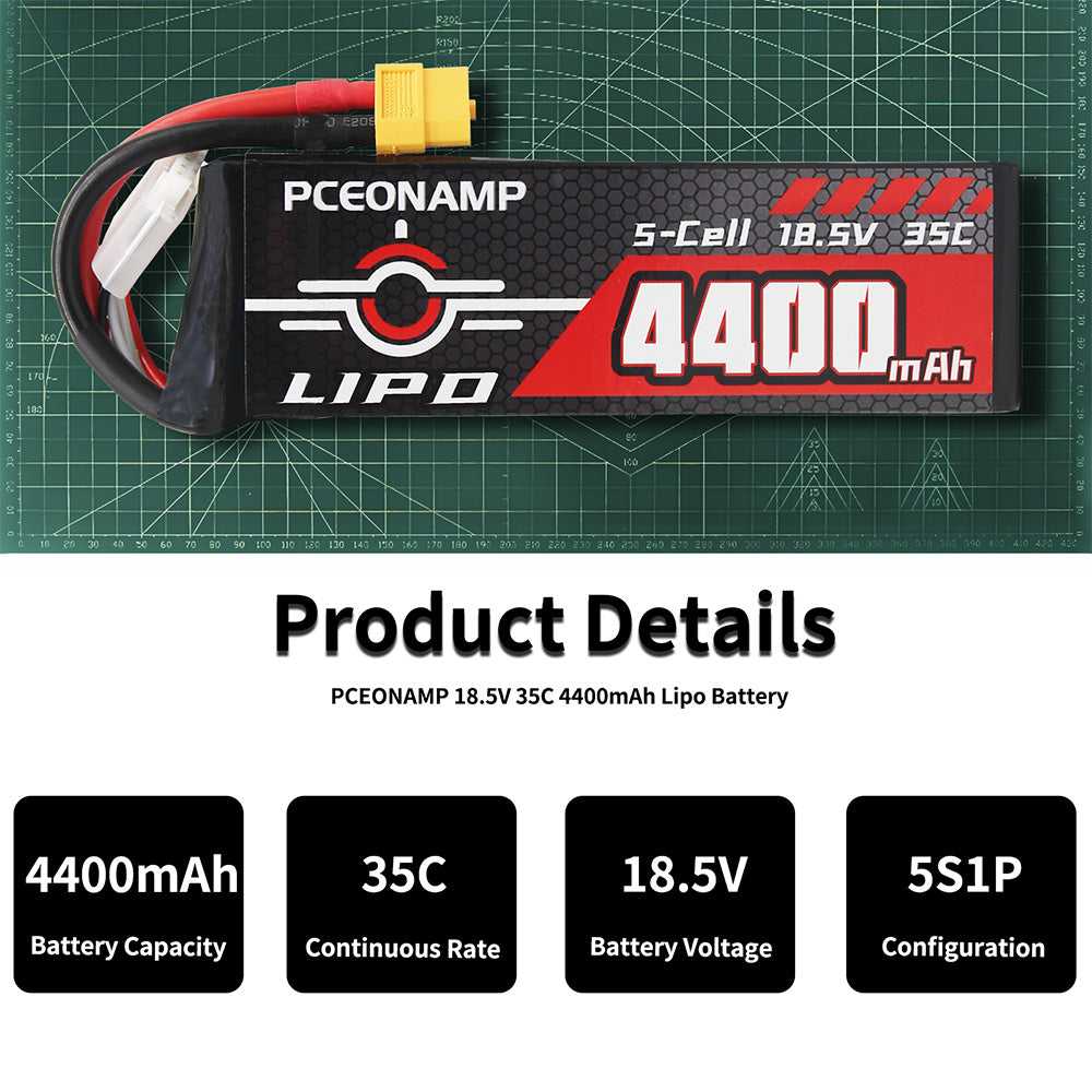 18.5V 4400mAh 5S LiPo battery 35C specs, 5S1P configuration, 154A continuous