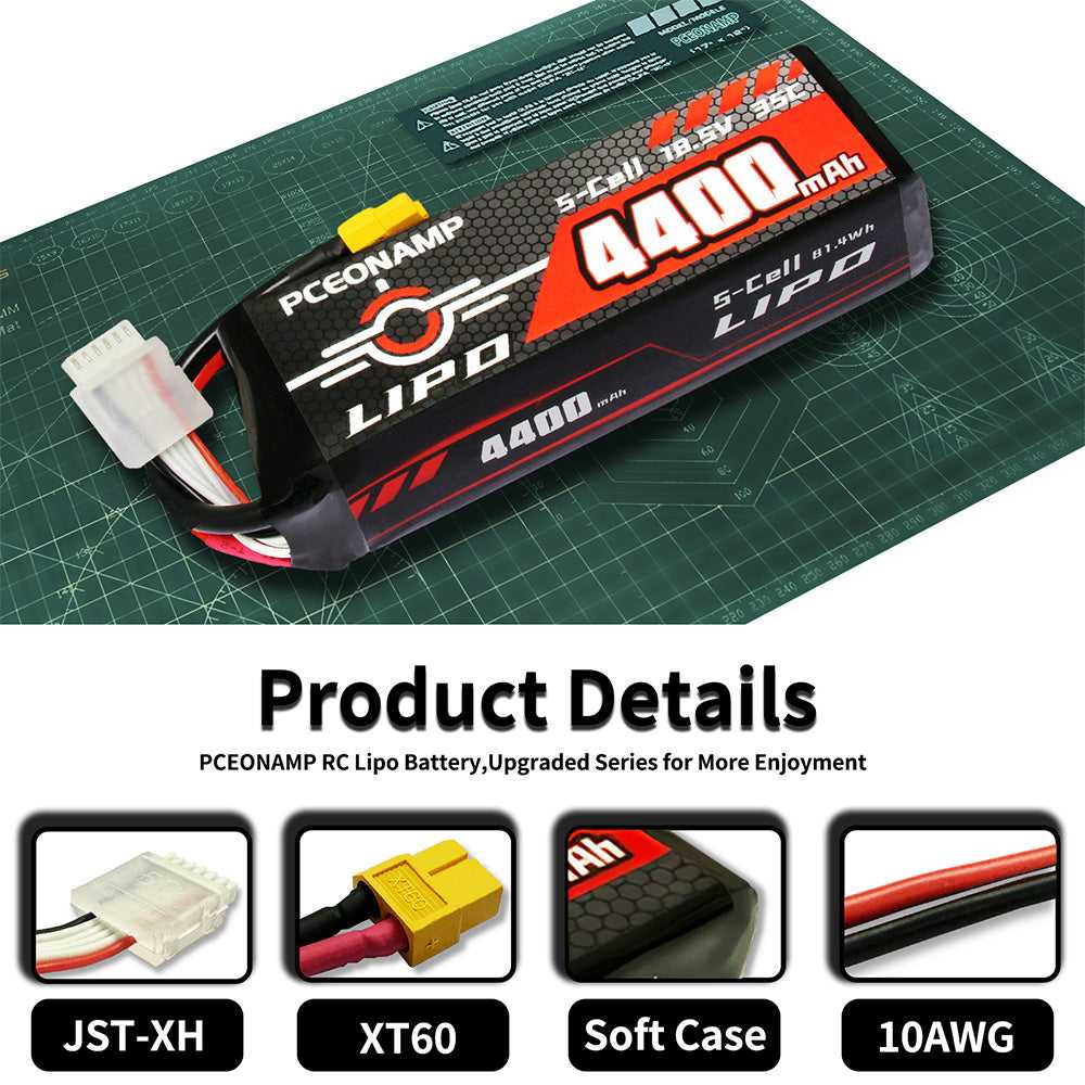 PCEONAMP 4400mAh 5S LiPo battery 35C details, JST-XH, XT60, soft case, 14AWG