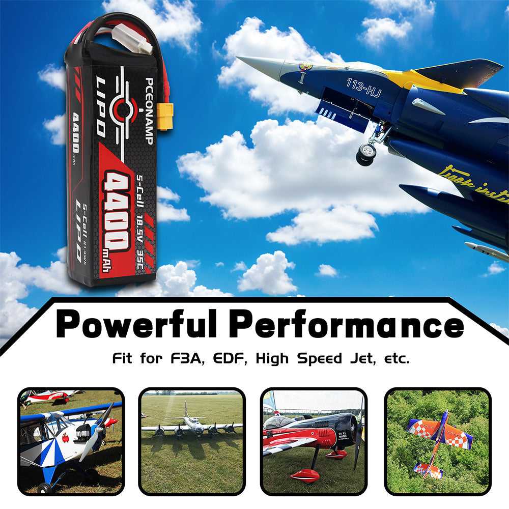 PCEONAMP 4400mAh 5S LiPo battery 35C powerful performance, 700mm fixed-wing, 450 heli, EDF jets
