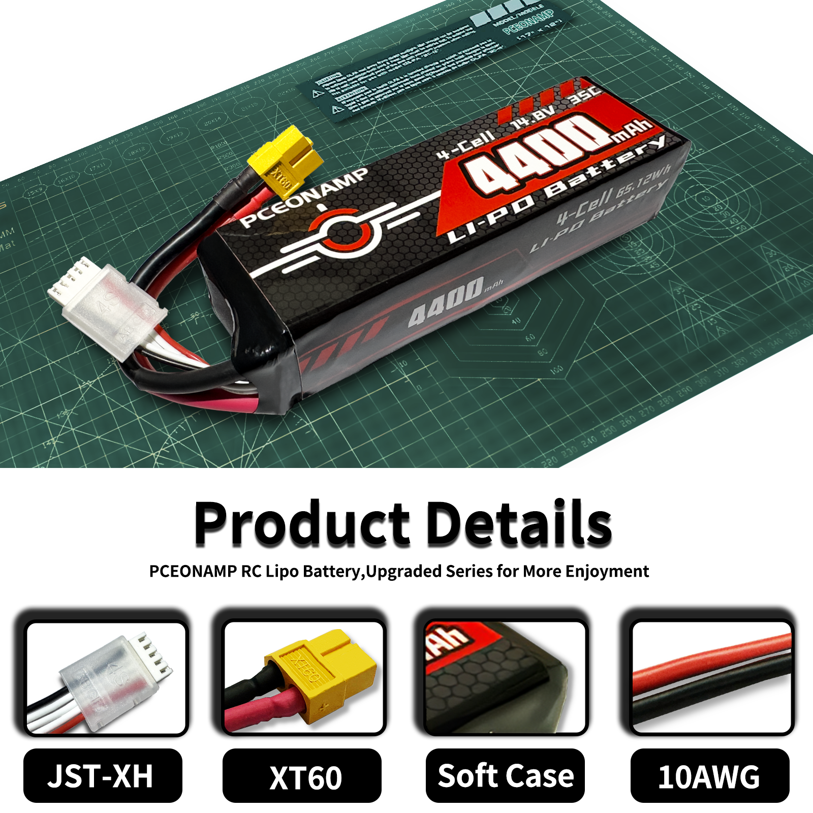 PCEONAMP 4S Lipo Battery 4400mAh 14.8V 35C with XT60 Plug Rechargeable High Capacity RC Airplane Battery Soft Case Fit for RC Helicopter, EDF, High Speed Jet, with Battery Storage Box