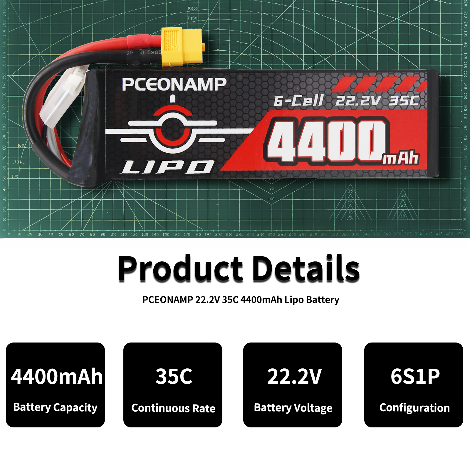 PCEONAMP 6S Lipo Battery 4400mAh 22.2V 35C with XT60 Plug Rechargeable High Capacity RC Battery Soft Case Fit for EDF, High Speed Jet, with Battery Storage Box