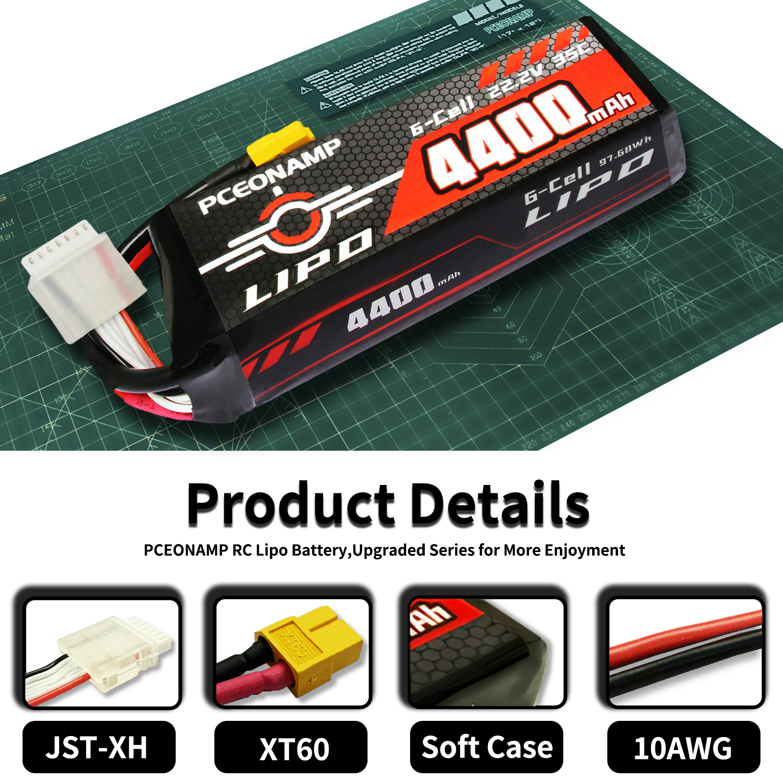 PCEONAMP 6S Lipo Battery 4400mAh 22.2V 35C with XT60 Plug Rechargeable High Capacity RC Battery Soft Case Fit for EDF, High Speed Jet, with Battery Storage Box