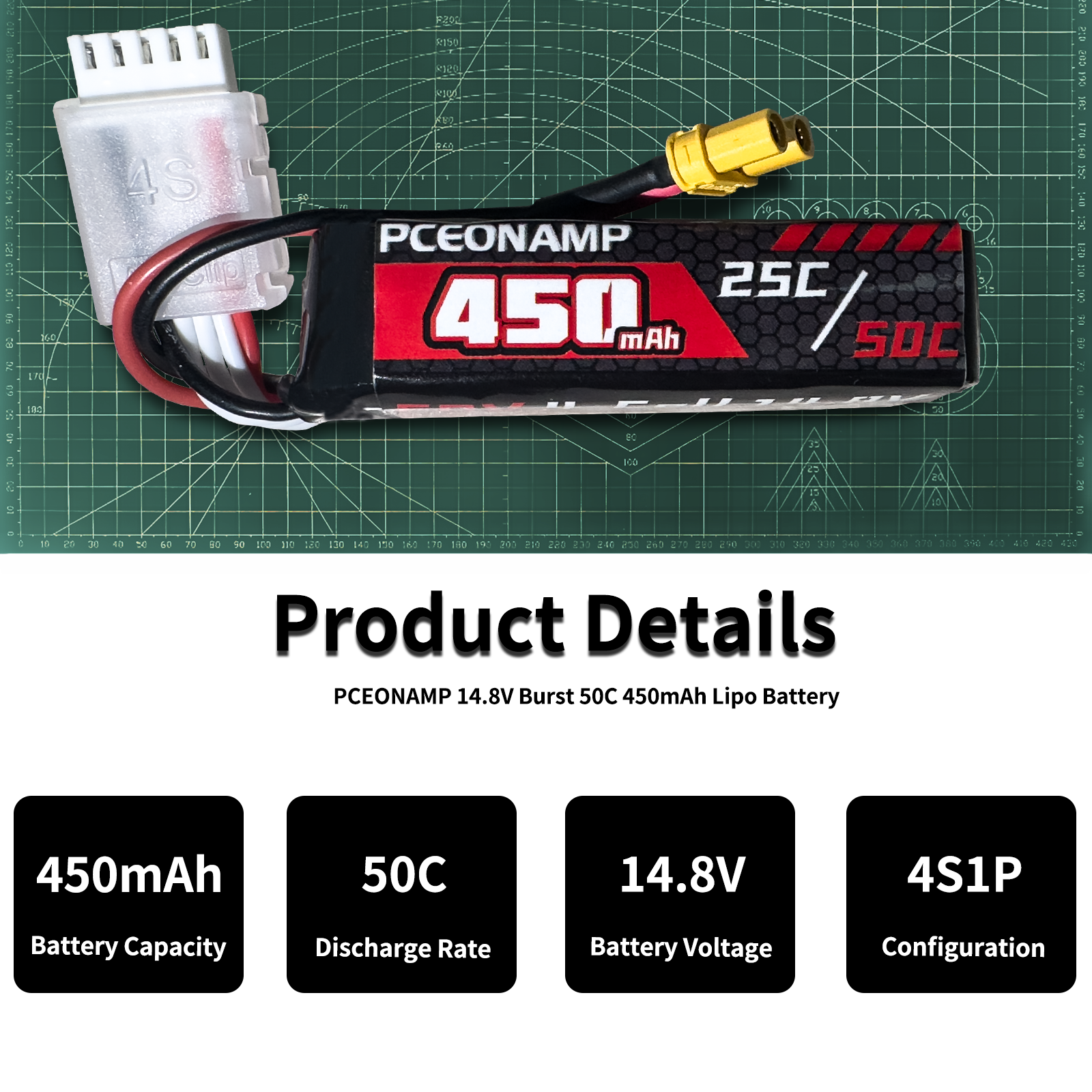 PCEONAMP 4S Lipo Battery 450mAh 14.8V Burst 50C with XT30 Plug Rechargeable High Capacity RC Drone Battery Soft Case Fit for RC FPV RC Racing Drone Quadcopter