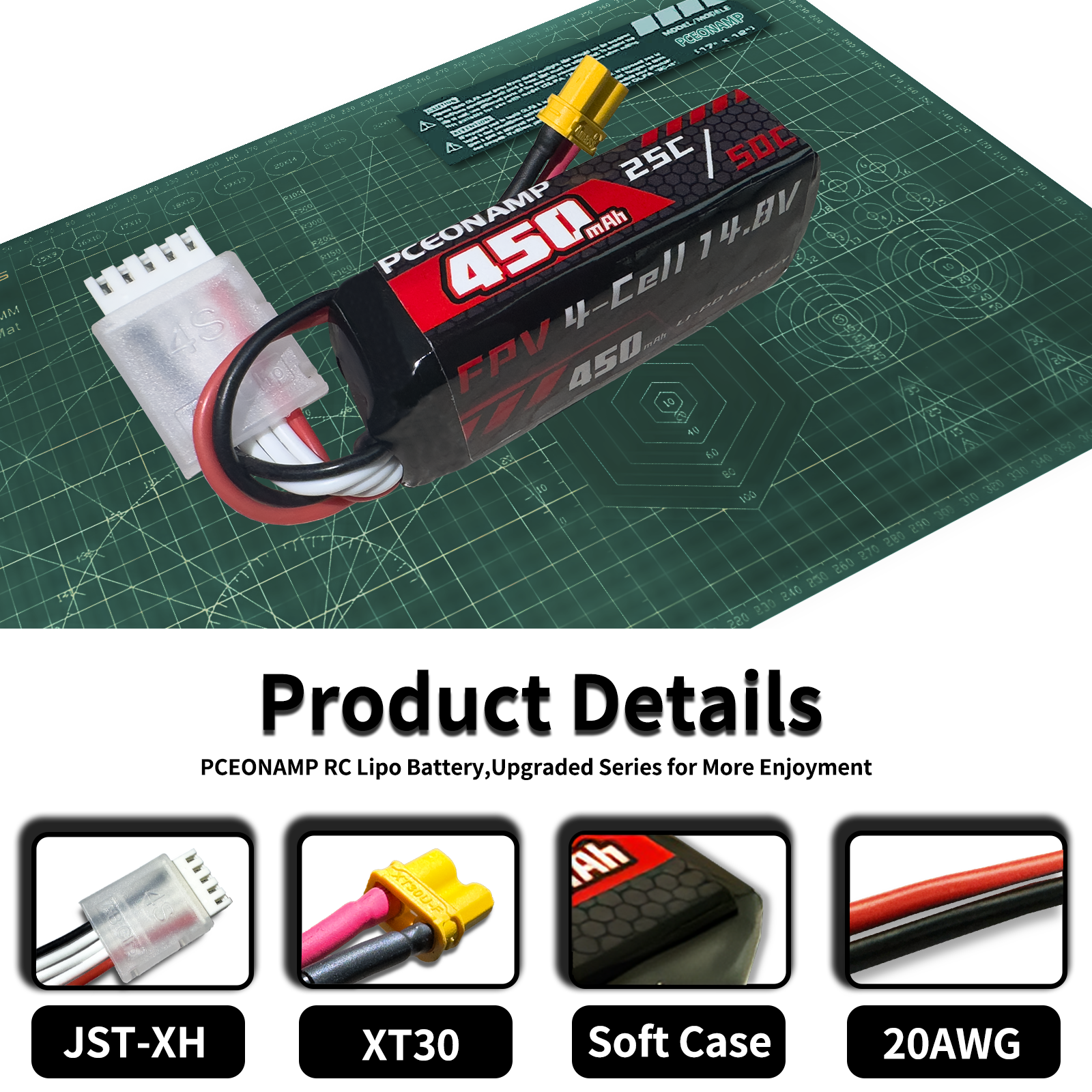 PCEONAMP 4S Lipo Battery 450mAh 14.8V Burst 50C with XT30 Plug Rechargeable High Capacity RC Drone Battery Soft Case Fit for RC FPV RC Racing Drone Quadcopter