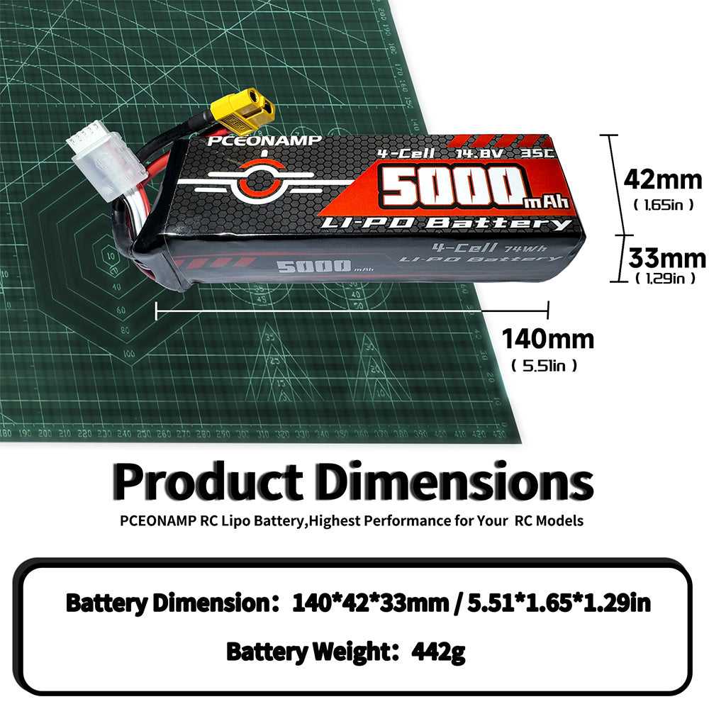 14.8V 5000mAh 4S LiPo battery 35C product dimensions, 140x42x33mm, 442g
