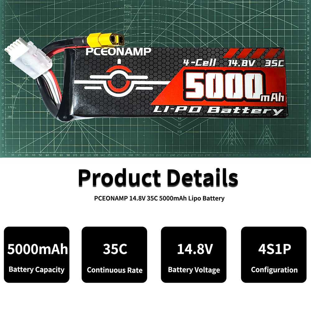 14.8V 5000mAh 4S LiPo battery 35C specs, 4S1P configuration, 175A continuous