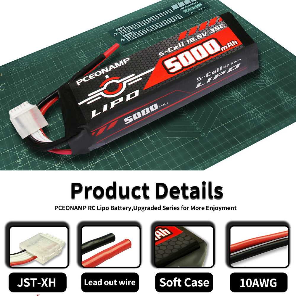 PCEONAMP 5000mAh 5S LiPo battery 35C details, JST-XH, 4mm bullet plug, soft case, 14AWG