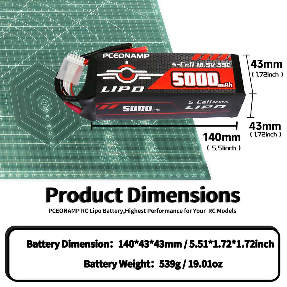 18.5V 5000mAh 5S LiPo battery 35C product dimensions, 140x43x43mm, 539g
