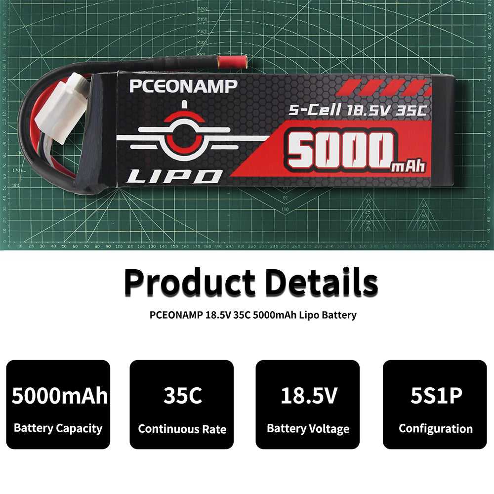 18.5V 5000mAh 5S LiPo battery 35C specs, 5S1P configuration, 175A continuous