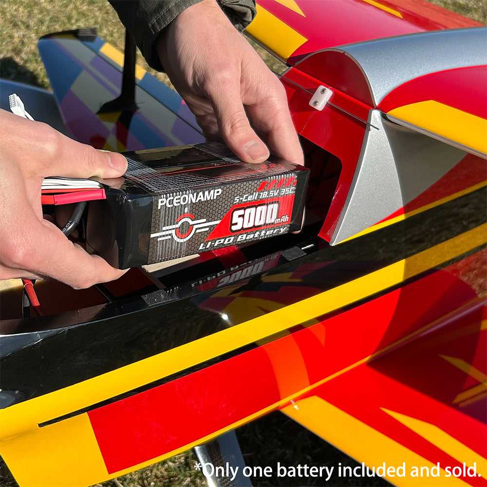PCEONAMP 5000mAh 5S LiPo battery 35C installed in F3A World Champion Lassi Nurila competition fixed-wing aircraft

