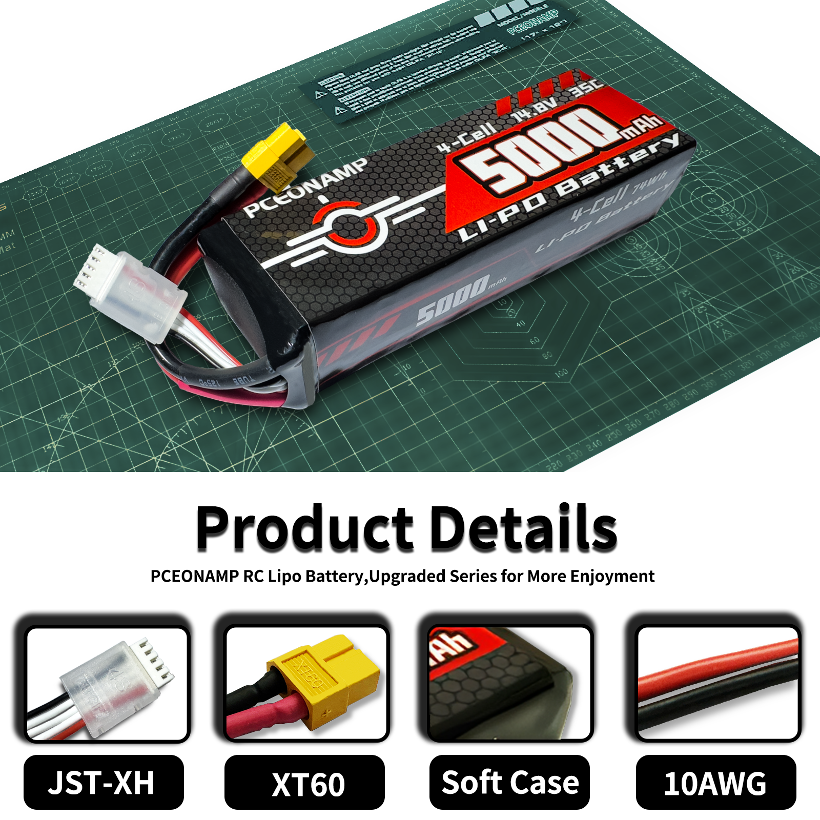 PCEONAMP 4S Lipo Battery 5000mAh 14.8V 35C with XT60 Plug Rechargeable High Capacity RC Airplane Battery Soft Case Fit for RC Helicopter, EDF, High Speed Jet, with Battery Storage Box