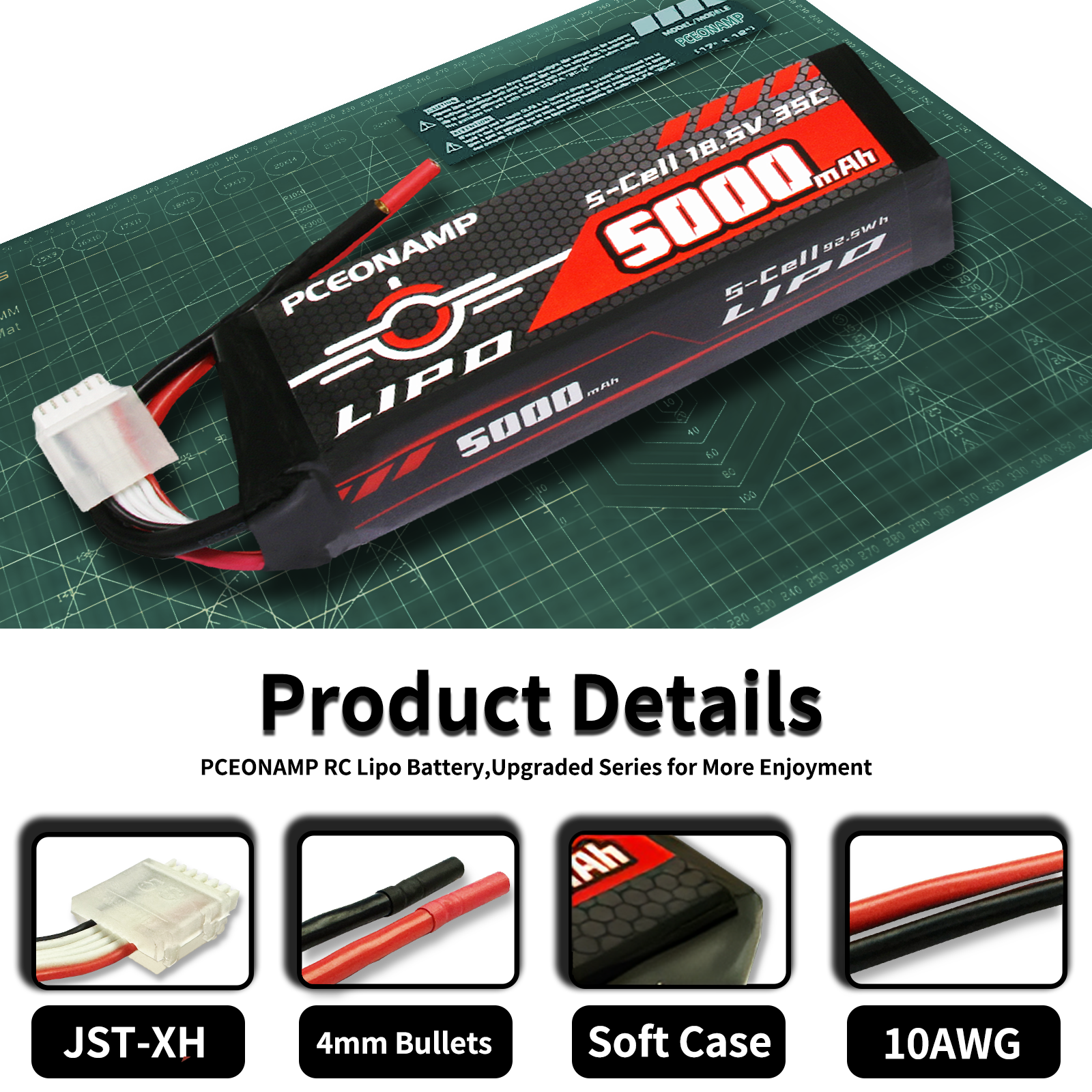 PCEONAMP 5S Lipo Battery 5000mAh 18.5V 35C with 4mm Bullets Plug Rechargeable High Capacity RC Battery Soft Case Fit for F3A Competition, EDF, High Speed Jet, with Battery Storage Box(2Packs)